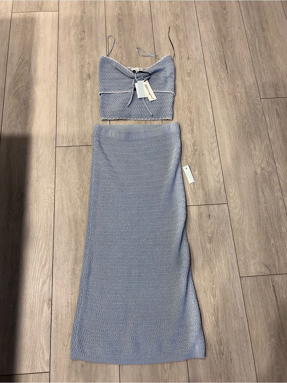 NWT Freshman 1996 Blue Crochet 2 Piece Matching Set Tube Crop Top Maxi Skirt